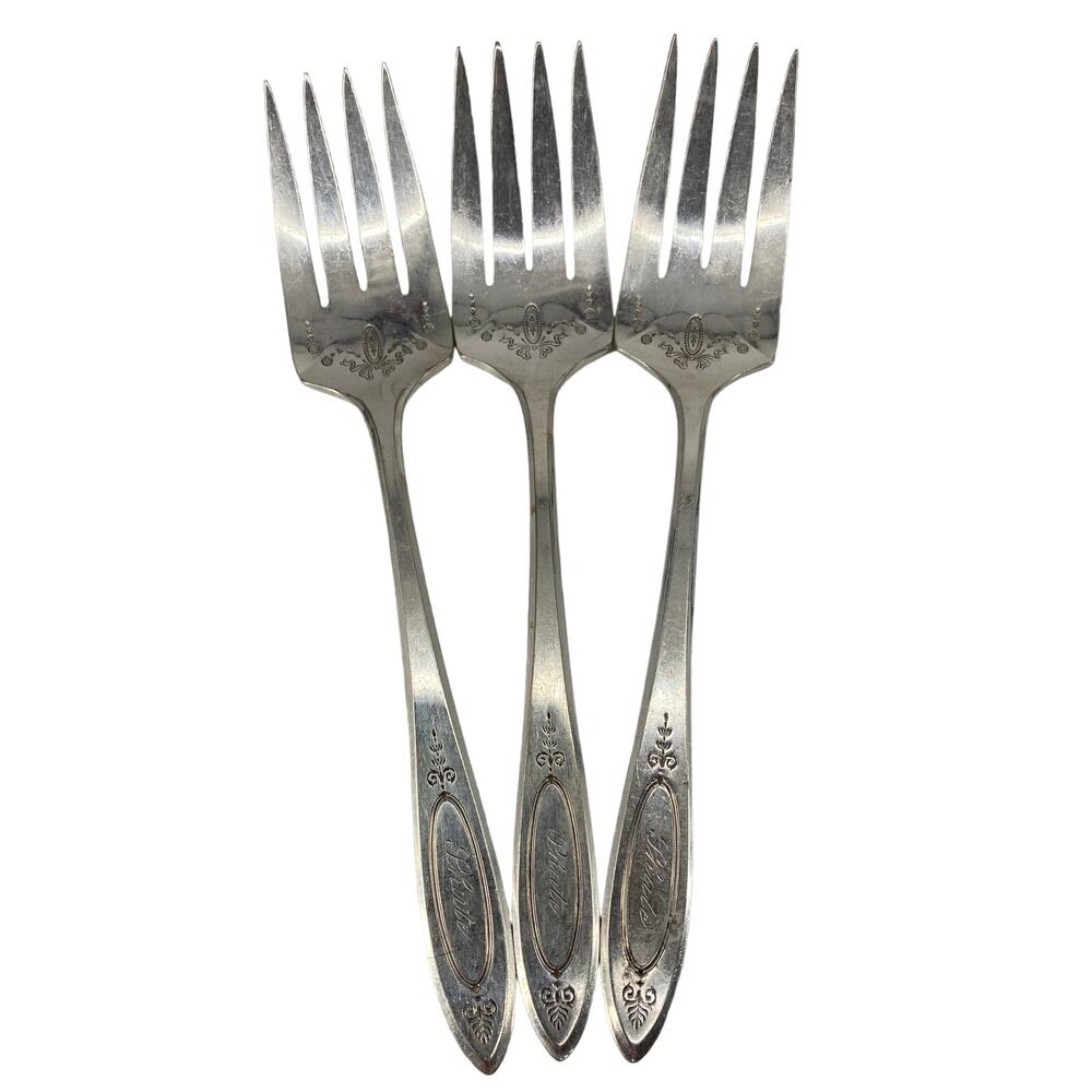 3 VTG Oneida Community Silver ADAM Silverplate Meat Serving Fork 1917 Monogramed